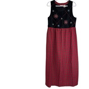 Vintage Christmas Embroidered Jumper Black Velvet w/Red Plaid Maxi Sz Med